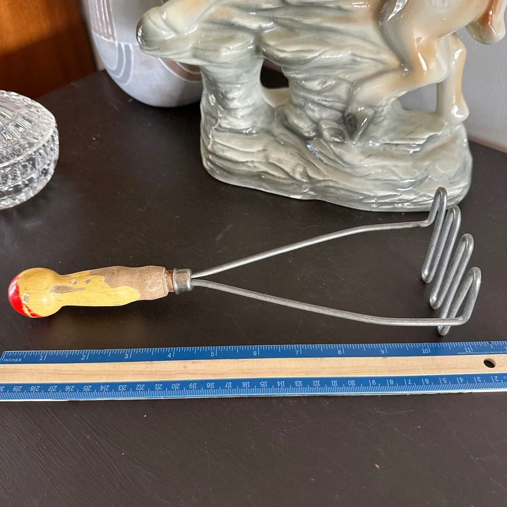 Vintage Potato Masher Wood Handle Red Yellow Paint Primitive Farmhouse Kitchen